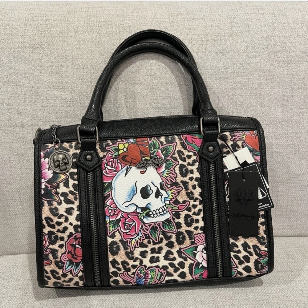 Ed Hardy Leopard Skull Floral Satchel - Black, Pink, Red